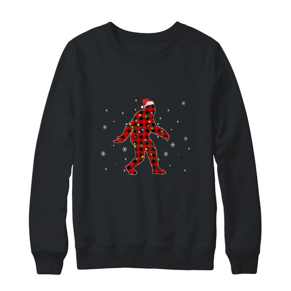 Red Plaid Bigfoot Christmas Lights Santa Hat Pajamas Crewneck Sweatshirt Black 600x.jpg