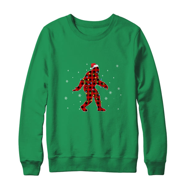 Red Plaid Bigfoot Christmas Lights Santa Hat Pajamas Crewneck Sweatshirt Irish Green 600x.jpg