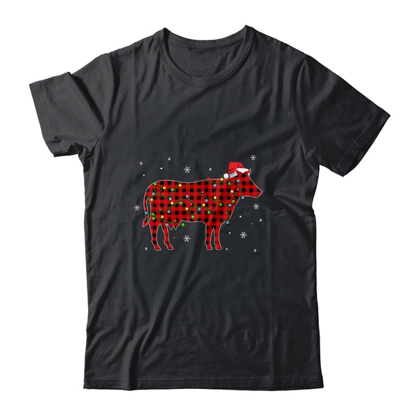 Red Plaid Cow Christmas Lights Santa Hat Pajamas Classic T Shirt Black 600x.jpg