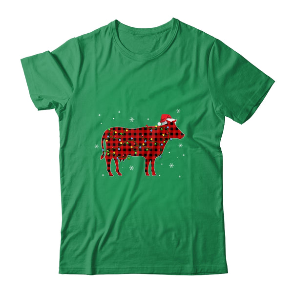 Red Plaid Cow Christmas Lights Santa Hat Pajamas Classic T Shirt Irish Green 600x.jpg