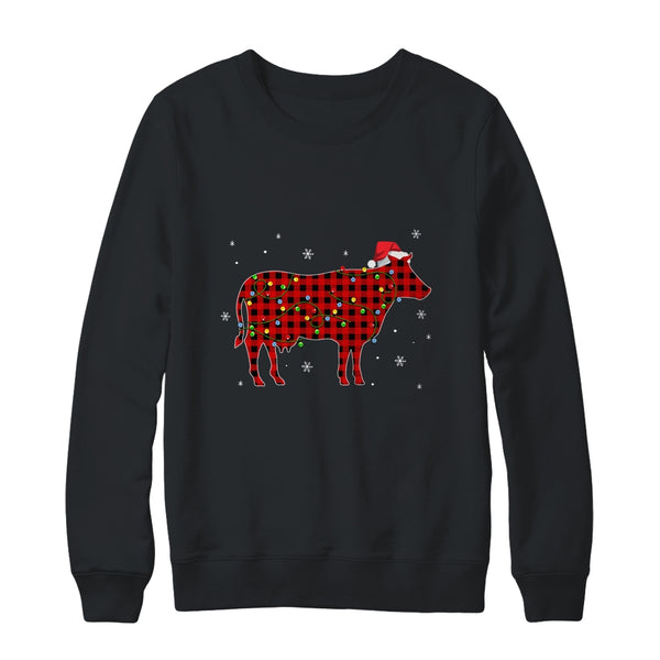 Red Plaid Cow Christmas Lights Santa Hat Pajamas Crewneck Sweatshirt Black 600x.jpg
