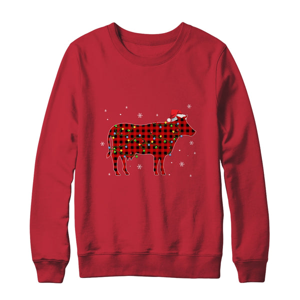Red Plaid Cow Christmas Lights Santa Hat Pajamas Crewneck Sweatshirt Red 600x.jpg