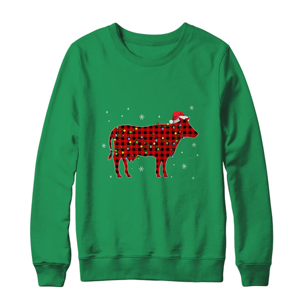 Red Plaid Cow Christmas Lights Santa Hat Pajamas Crewneck Sweatshirt Irish Green 600x.jpg