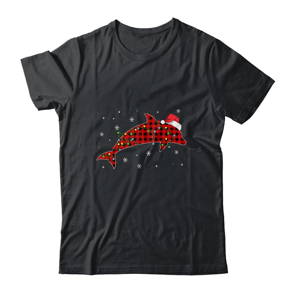 Red Plaid Dolphin Christmas Lights Santa Hat Pajamas Classic T Shirt Black 600x.jpg