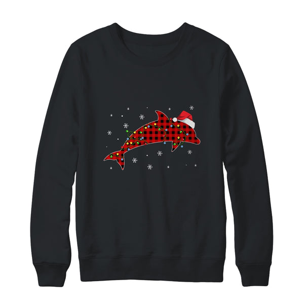Red Plaid Dolphin Christmas Lights Santa Hat Pajamas Crewneck Sweatshirt Black 600x.jpg