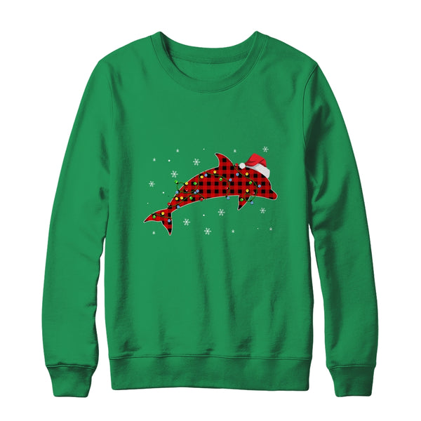 Red Plaid Dolphin Christmas Lights Santa Hat Pajamas Crewneck Sweatshirt Irish Green 600x.jpg
