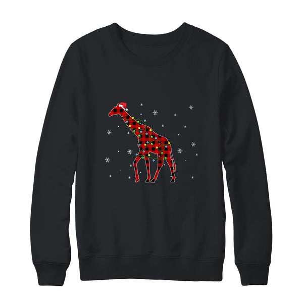 Red Plaid Giraffe Christmas Lights Santa Hat Pajamas Crewneck Sweatshirt Black 600x.jpg