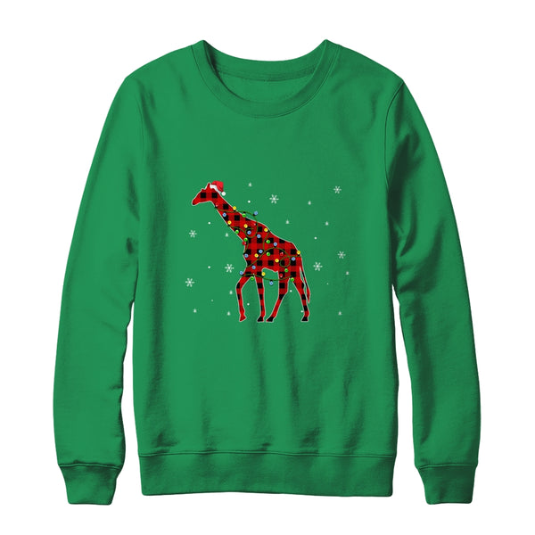 Red Plaid Giraffe Christmas Lights Santa Hat Pajamas Crewneck Sweatshirt Irish Green 600x.jpg