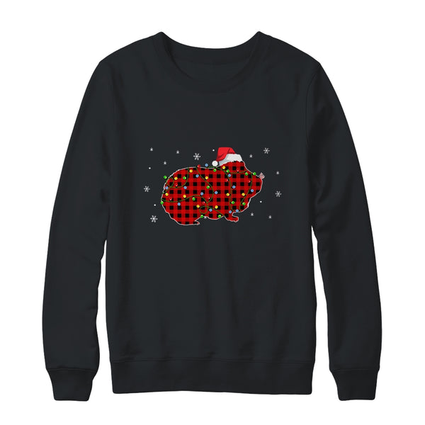 Red Plaid Guinea Pig Christmas Lights Santa Hat Pajamas Crewneck Sweatshirt Black 600x.jpg
