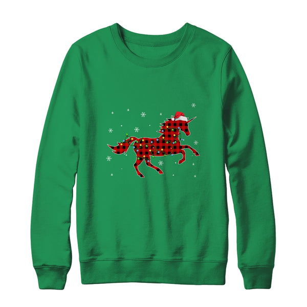 Red Plaid Unicorn Christmas Lights Santa Hat Pajamas Crewneck Sweatshirt Irish Green 600x.jpg