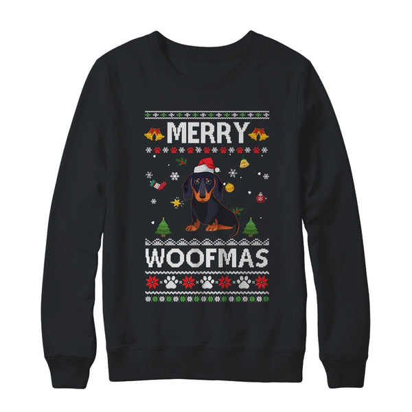 Merry Woofmas Dachshund Santa Reindeer Ugly Christmas Sweater Crewneck Sweatshirt Black 600x.jpg