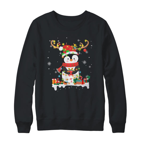 Cute Penguin Reindeer Santa Hat Xmas Christmas Penguin Lover Crewneck Sweatshirt Black 600x.jpg