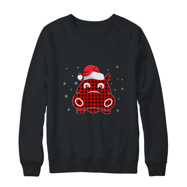 Red Plaid Hippopotamus Christmas Lights Santa Hat Pajamas Crewneck Sweatshirt Black 600x.jpg