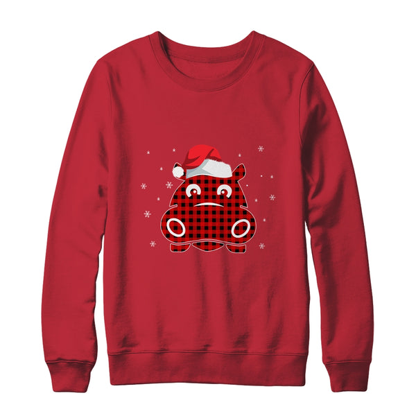 Red Plaid Hippopotamus Christmas Lights Santa Hat Pajamas Crewneck Sweatshirt Red 600x.jpg