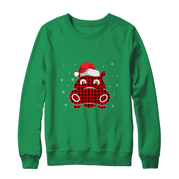 Red Plaid Hippopotamus Christmas Lights Santa Hat Pajamas Crewneck Sweatshirt Irish Green 600x.jpg