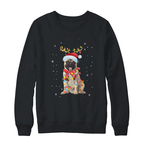 Funny Pug Christmas Tree Santa Reindeer Pajamas Crewneck Sweatshirt Black 600x.jpg
