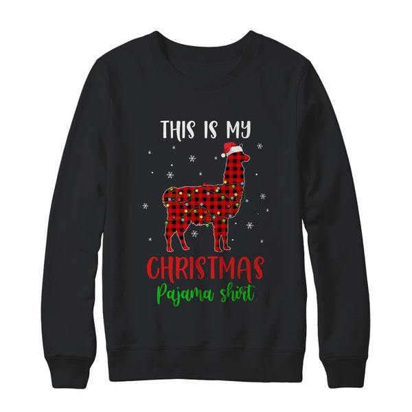 This Is My Christmas Pajama Shirt Llama Red Plaid Crewneck Sweatshirt Black 600x 2.jpg