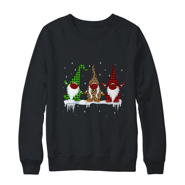 Three Gnomes Wearing Christmas Mask Buffalo Plaid Leopard Crewneck Sweatshirt Black 600x.jpg