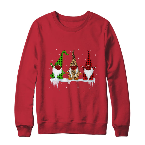 Three Gnomes Wearing Christmas Mask Buffalo Plaid Leopard Crewneck Sweatshirt Red 600x.jpg