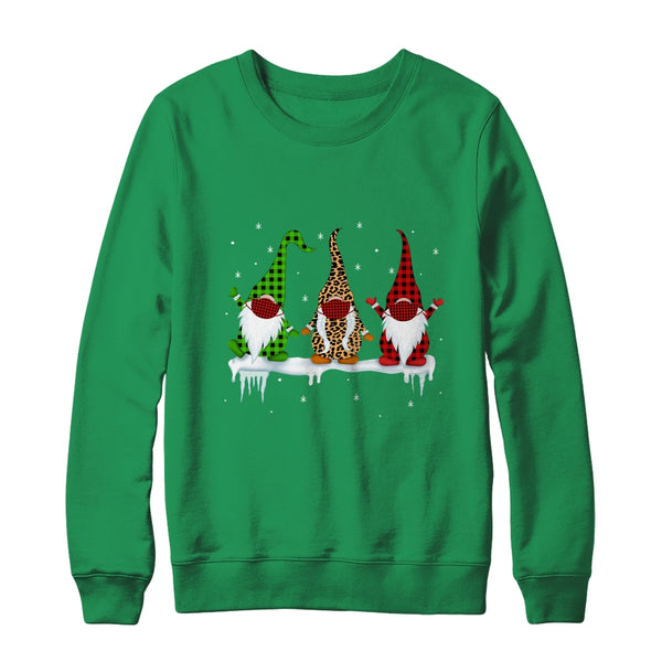 Three Gnomes Wearing Christmas Mask Buffalo Plaid Leopard Crewneck Sweatshirt Irish Green 600x.jpg