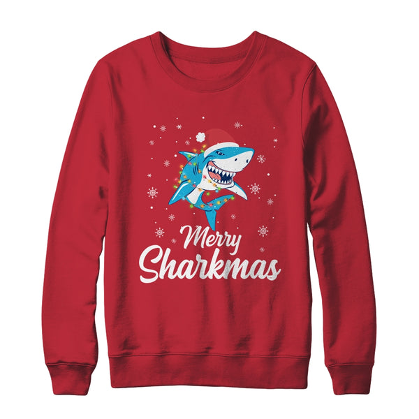 Merry Sharkmas Santa Christmas Sharks Lover Gift Crewneck Sweatshirt Red 600x.jpg