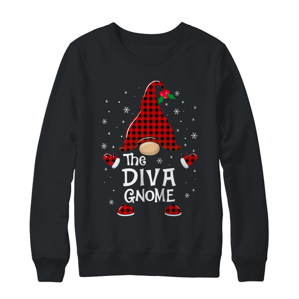 Diva Gnome Buffalo Plaid Matching Christmas Pajama Gift Crewneck Sweatshirt Black 600x.jpg