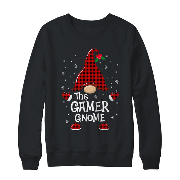 Gamer Gnome Buffalo Plaid Matching Christmas Pajama Gift Crewneck Sweatshirt Black 600x.jpg