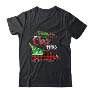 Merry Christmas Buffalo Plaid Red Truck Christian Cross Xmas Classic T Shirt Black 600x.jpg