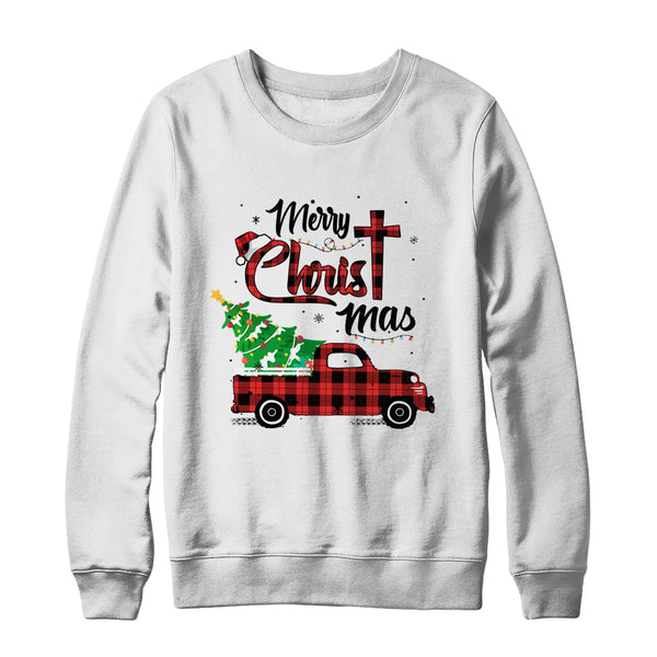 Merry Christmas Buffalo Red Plaid Truck Christian Cross Xmas Crewneck Sweatshirt White 600x.jpg