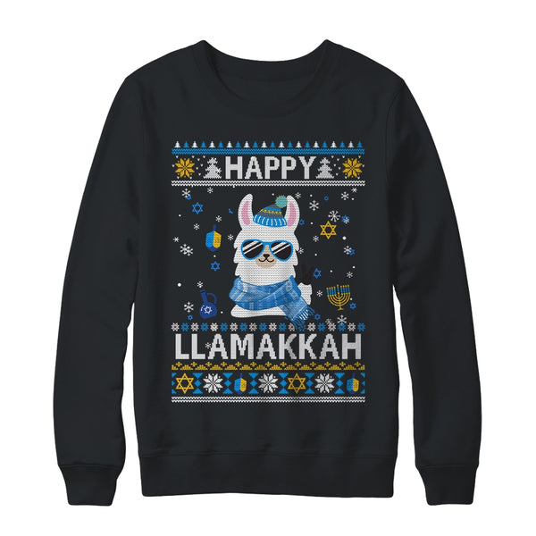 Happy Llamakkah Llama Ugly Hanukkah Ugly Sweater Crewneck Sweatshirt Black 600x.jpg