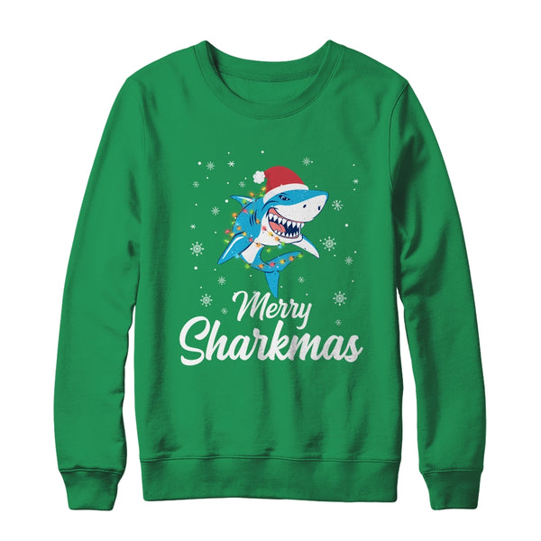 Merry Sharkmas Santa Christmas Sharks Lover Gift Crewneck Sweatshirt Irish Green 600x 1.jpg