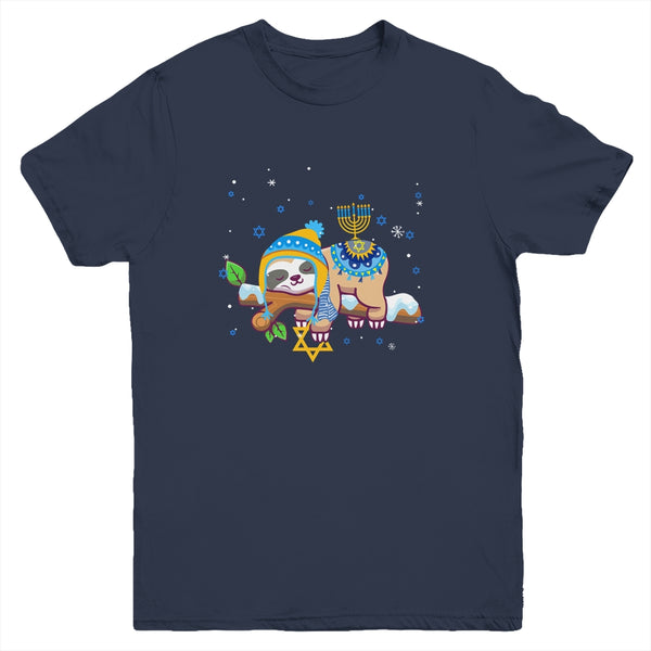 Cute Jewish Menorah Hanukkah Sloth Chanukah Gift Youth Youth T Shirt Navy 600x.jpg