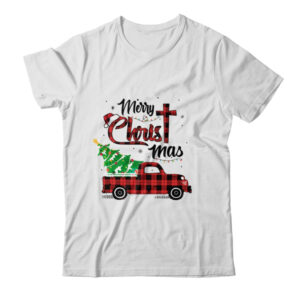 Merry Christmas Buffalo Red Plaid Truck Christian Cross Xmas Classic T Shirt White 600x 1.jpg