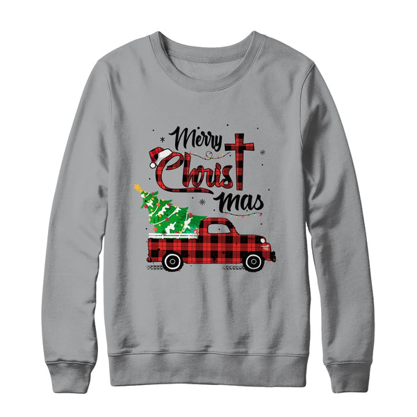 Merry Christmas Buffalo Red Plaid Truck Christian Cross Xmas Crewneck Sweatshirt Sport Grey 600x 1.jpg