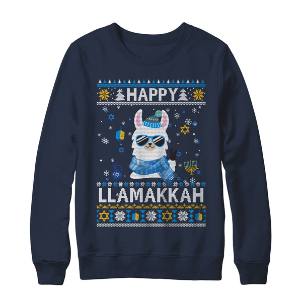 Happy Llamakkah Llama Ugly Hanukkah Ugly Sweater Crewneck Sweatshirt Navy 600x 1.jpg