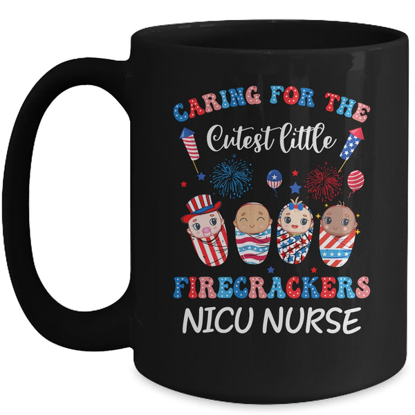 Caring For The Cutest Firecrackers NICU Nurse 4th Of July Mug 15oz Mug Black front 600x.jpg