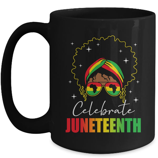 Juneteenth Outfit African Women Messy Bun Eye Glasses Mug 15oz Mug Black front 600x.jpg