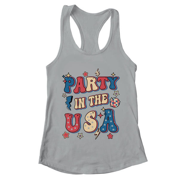 Party In The USA 4th Of July Independence Day USA Groovy Women s Ideal Racerback Tank Heather Grey 600x.jpg