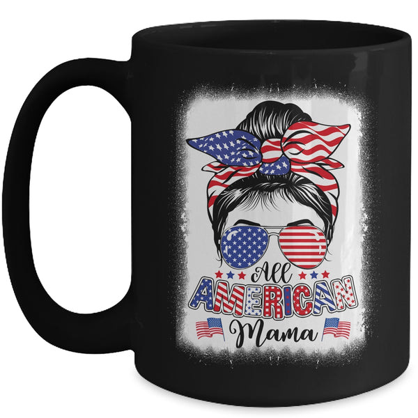 All American Mama Proud Mom Messy Bun Patriotic 4th Of July Mug 15oz Mug Black front 600x 2.jpg