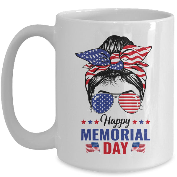 Happy Memorial Day 4th Of July Messy Bun American Flag Mug 15oz Mug White front 600x 1.jpg