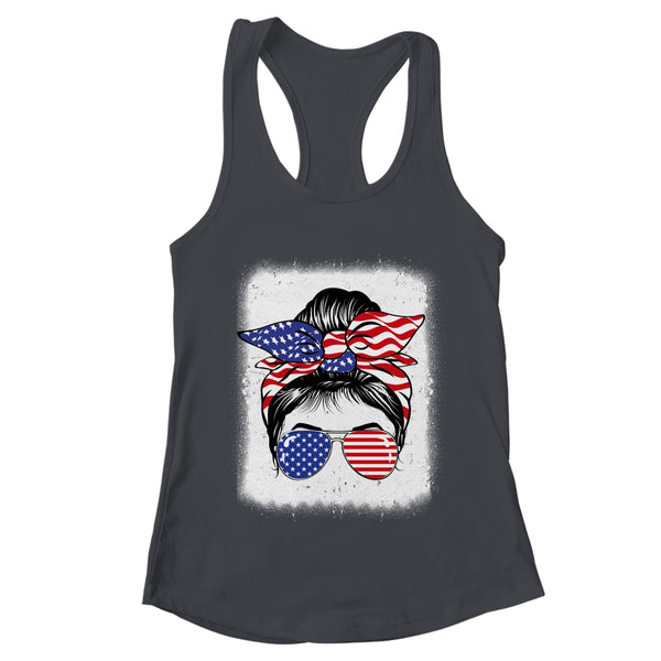 Cute 4th Of July Messy Bun Girl American Flag Patriotic USA Women s Ideal Racerback Tank Black 600x 1.jpg