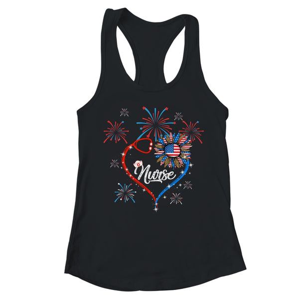 Patriotic Nurse 4th Of July American Flag Sunflower Love Women s Ideal Racerback Tank Black 600x.jpg