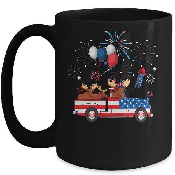 Funny Moose Riding Red Truck USA Flag Patriotic 4th Of July Mug 15oz Mug Black front 600x.jpg