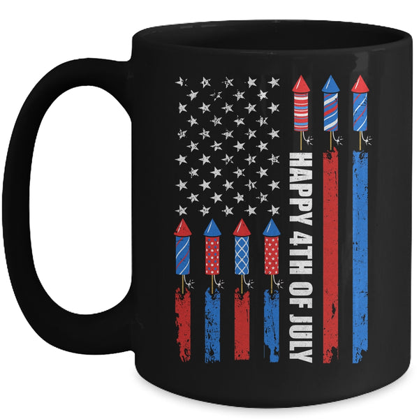 Happy 4th Of July American Flag Fireworks Patriotic Mug 15oz Mug Black front 600x.jpg