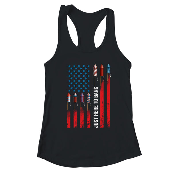 Just Here To Bang American Flag Fireworks Funny 4th Of July Women s Ideal Racerback Tank Black 600x 1.jpg