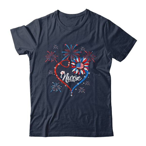 Patriotic Nurse 4th Of July American Flag Sunflower Heart Classic T Shirt Navy 600x.jpg