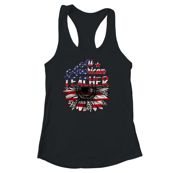All American Teacher Sunflower American Flag 4th Of July Women s Ideal Racerback Tank Black 600x.jpg