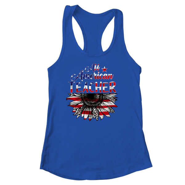 All American Teacher Sunflower American Flag 4th Of July Women s Ideal Racerback Tank Royal 600x.jpg