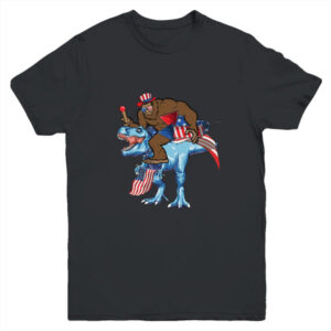 Bigfoot riding Dinosaur USA Flag 4th Of July America Youth Youth T Shirt Black 600x 2.jpg