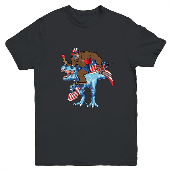Bigfoot riding Dinosaur USA Flag 4th Of July America Youth Youth T Shirt Black 600x 2.jpg